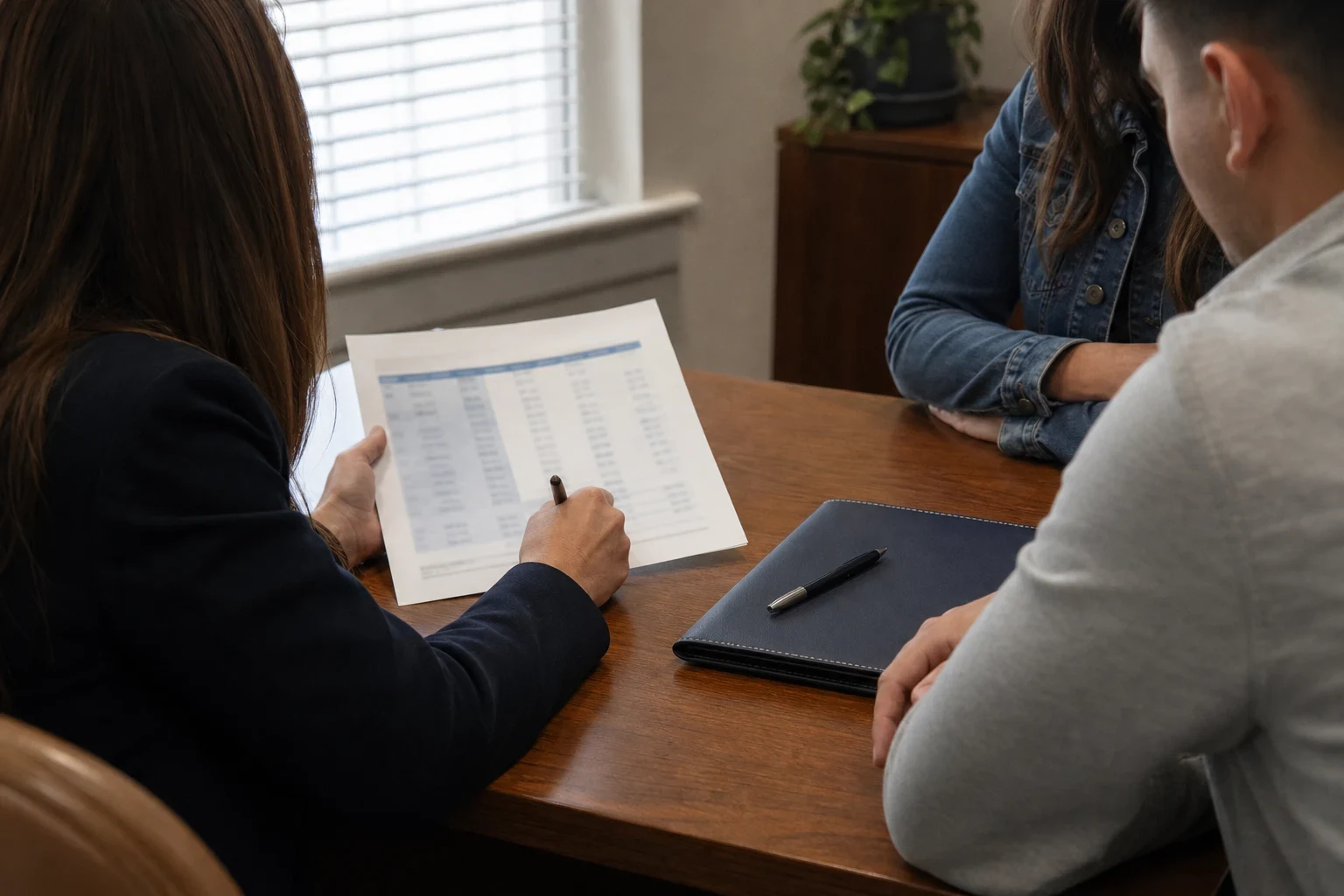 Insurance agent reviewing a printed chart with pen in hand at a wooden desk while a young couple sits across, a closed leather folder and pen beside them