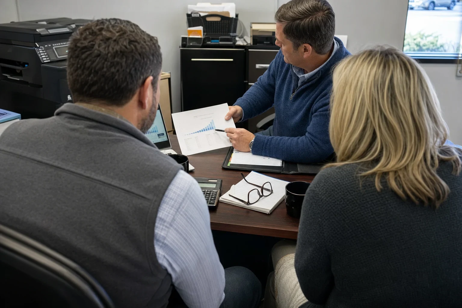 Agent in a blue sweater points to a printed bar chart while a man and woman seated across the desk in a small back office follow along